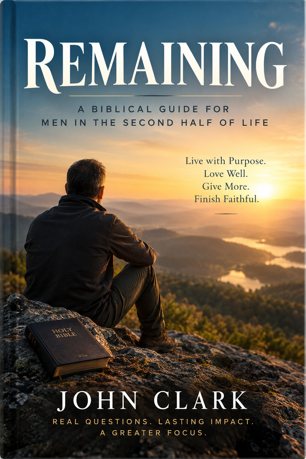 REMAINING by John Clark: A Biblical Guide for Men in the Second Half of Life. A man with a Bible looks across mountains at sunrise.